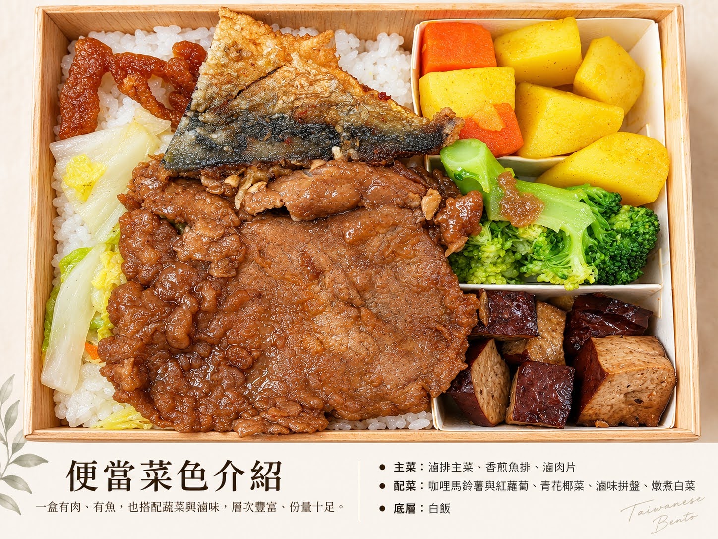 一個包含白飯、醬燒肉片和香煎魚的便當,搭配多樣蔬菜和紅蘿蔔丁。