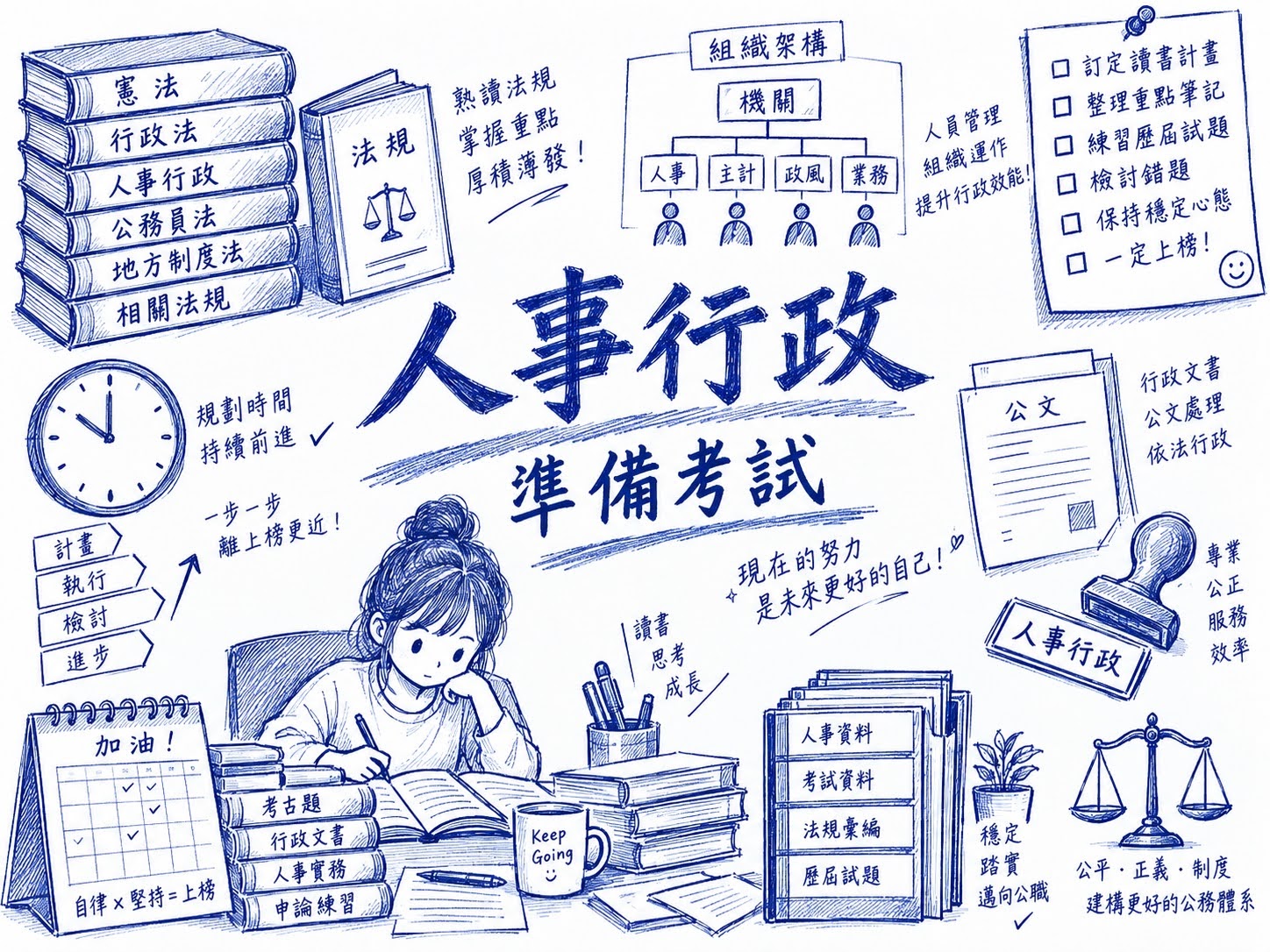 一位學生專心準備人事行政考試，周圍有書籍、計劃工具和考試題目，背景有法律相關的圖示和激勵語句。